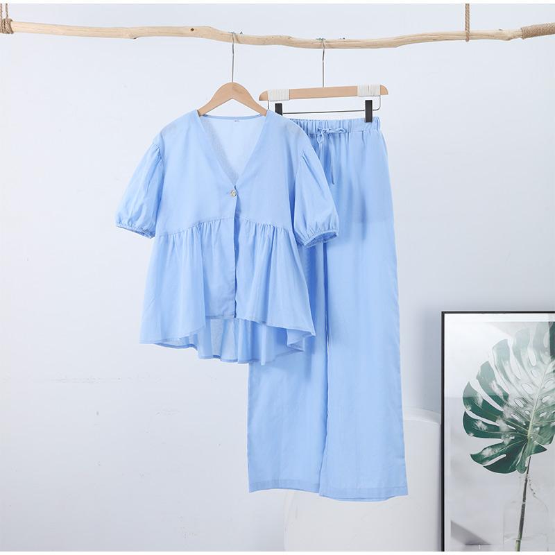 

Комплект свободных брюк из хлопка и льна, повседневный, с V-образным вырезом и рукавами-фонариками, 2025, летний праздничный уличный наряд, новый L синий