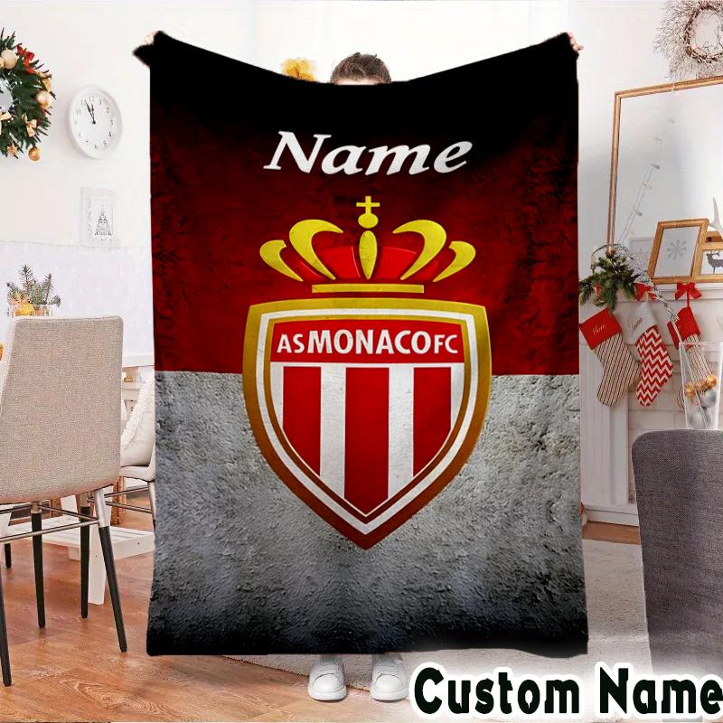 Custom Name Monaco Football Crest Throws Blanket Flannel Blankets for Couch Bed Gifts for Men Women Picnic Blanket Christmas Fan Gifts