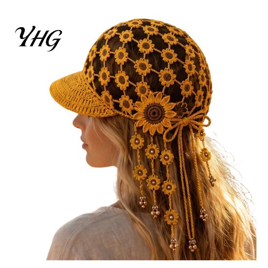Hand Crocheted Floral Cap Sunflower Baseball Cap, Bohemian Tassel Bell Hat, Handmade Knit Cutout Spring Summer Fashion Beanie Caps, Colored