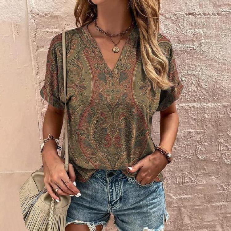 

Летний топ с V-образным вырезом, нишевый винтажный принт, женские футболки 5XL