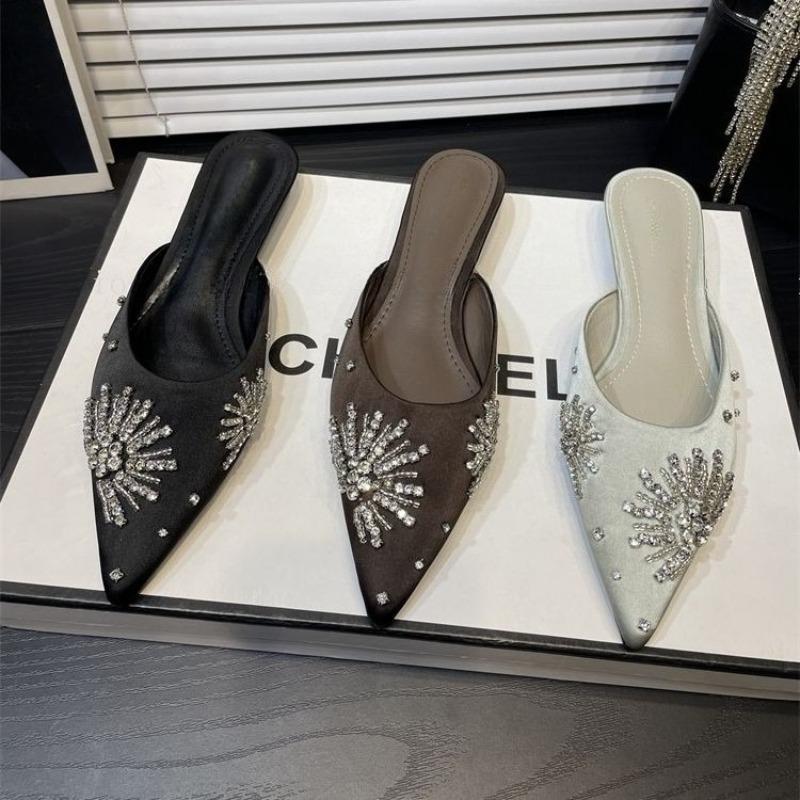 Fashion Crystal Heels Slippers Women Pointed Toe Shoes Elegant Heeled Sandals 2025 Summer Party Flip Flops New Luxury Ladies Shoes
