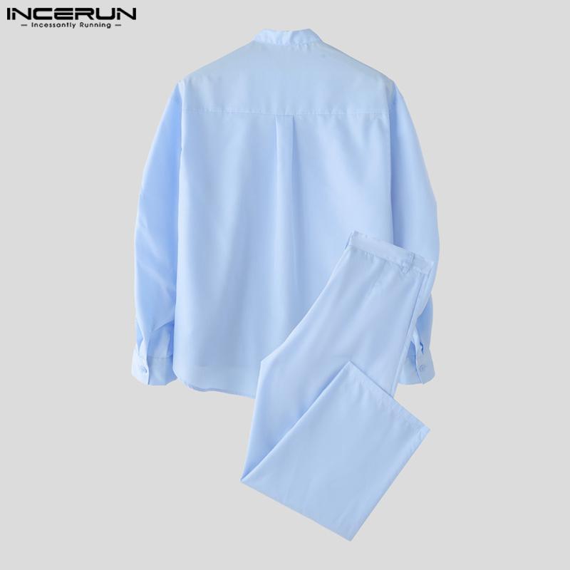 INCERUN Two Piece Suit Men Stand Neck Long Sleeve Shirts Trousers Casual Sets