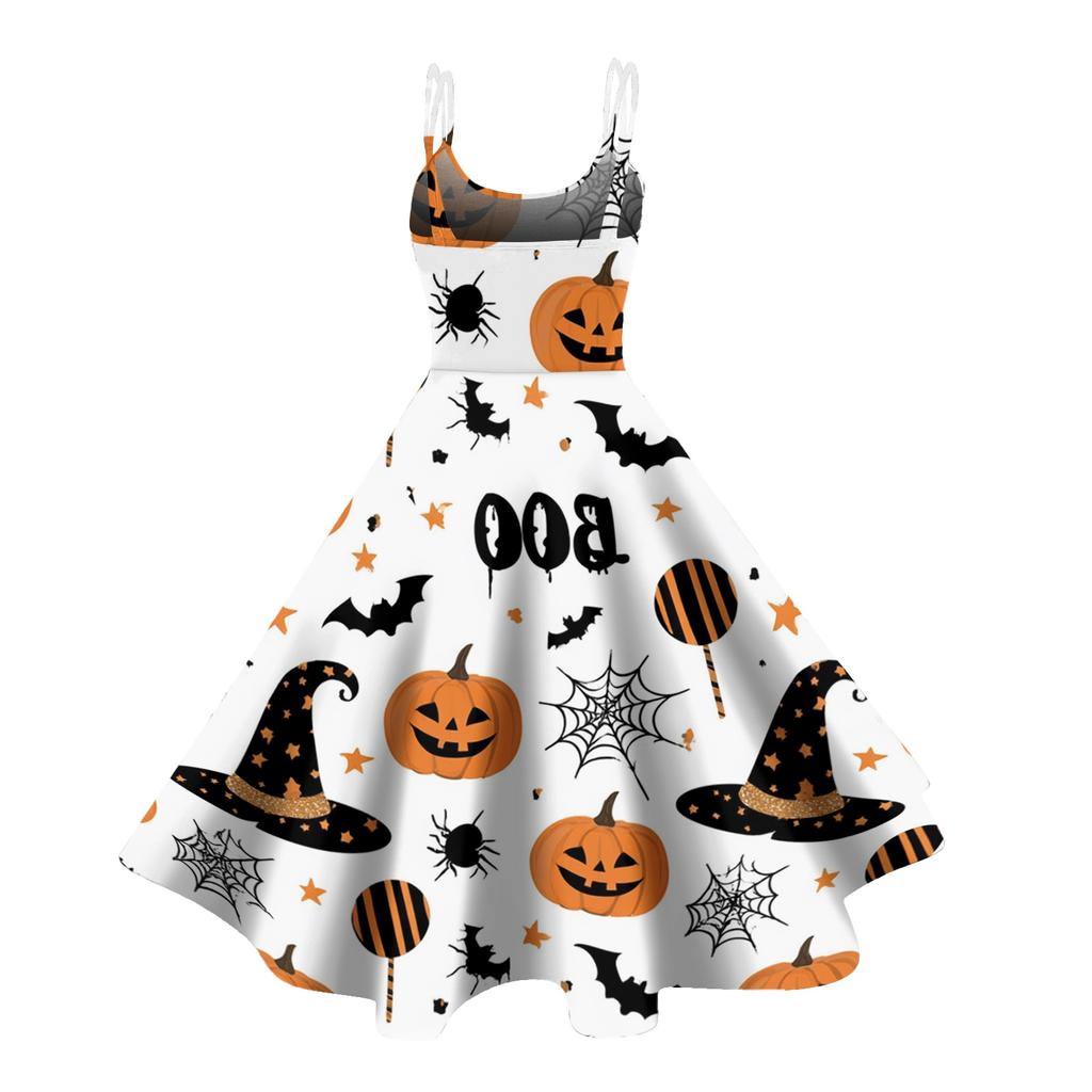 Womens Halloween Print Off Shoulder Dress Vintage Punk Party Dress Flared Skirt Sleeveless A Line Dress