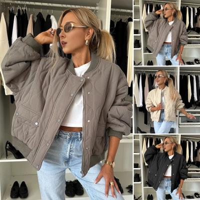 Women Fall Winter Coat Press Button Closure Long Sleeves with Pockets Loose Round Neck Daily Jacket Solid Color Outerwear for School Travel