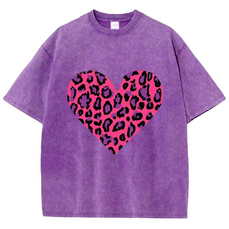 Pink Leopard Heart Prints Washed TShirt Women Cotton T Shirts ONeck Comfortable Distressed Tops Summer Casual Woman Clothes