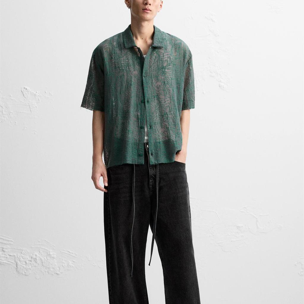 Zara Jacquard Knit Polo Short Sleeve Shirt Men Shirts Green 4805306-500