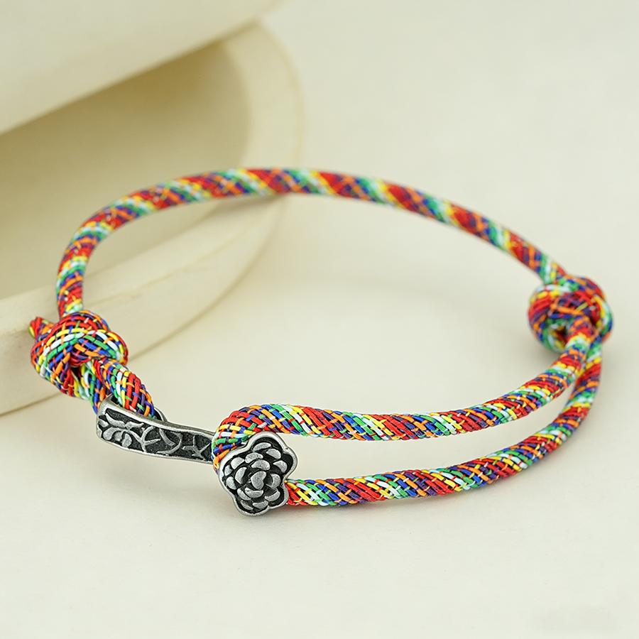 Ethnic Style Good Luck Bracelet Handwoven Rope With Retro Silver Color Flower Clasp Adjustable Protection Bangle For Women Men
