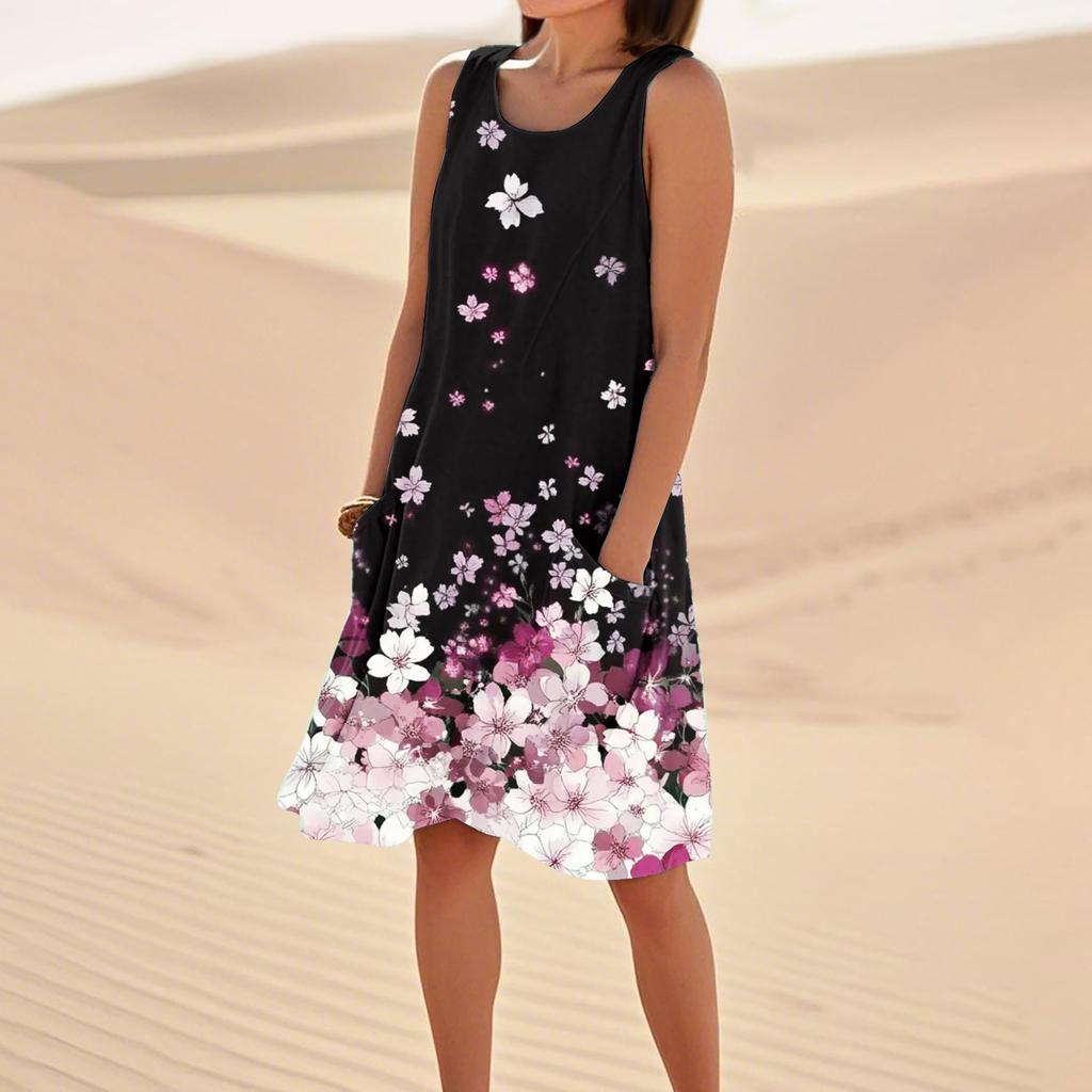 Women's Casual Summer Floral Print Sleeveless Pocket Dress