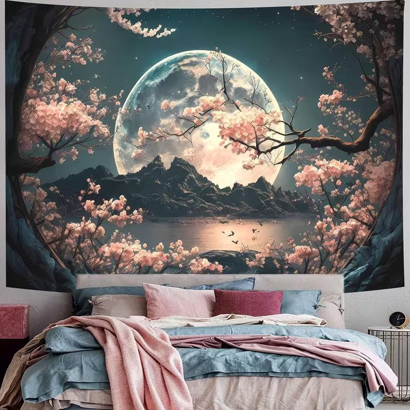 

2D Magical Moonlit Sakura Tapestry, Japanese Cherry Blossoms & Night Sky Lake Wall Decor 47.2x31.5inch/120*80cm