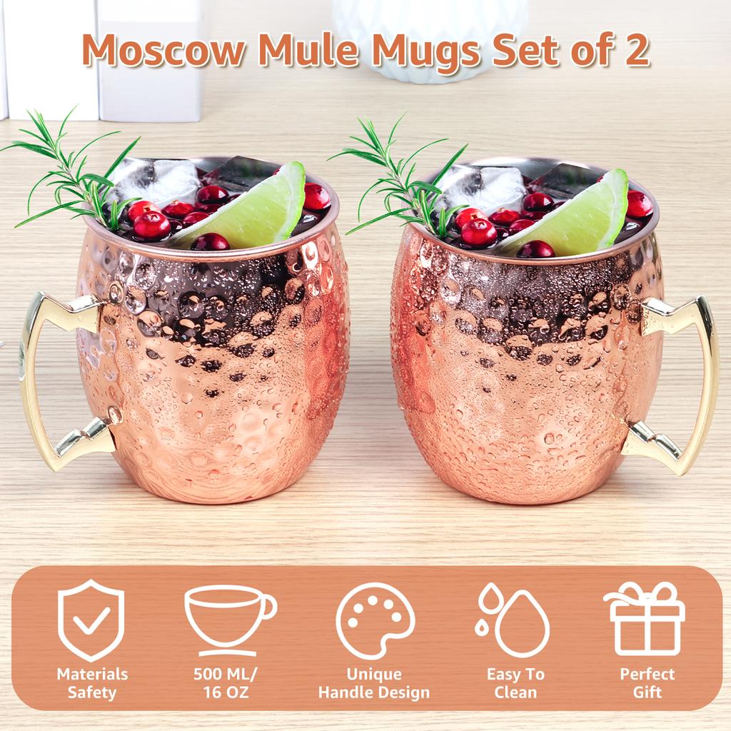 2Pcs Copper Moscow Mule Mug Durable Coppery Beer Mugs 350ml Coffee Mug Milk Cup Pure Copper Bar Cup Drinkware for Bar Party