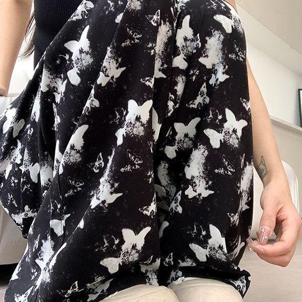 Ink Wash Chinese Style Wide-Leg Pants for Women - Summer Thin High-Waisted Butterfly Casual Straight-Leg Tie-Dye Ice Silk Sun-Protective Trousers