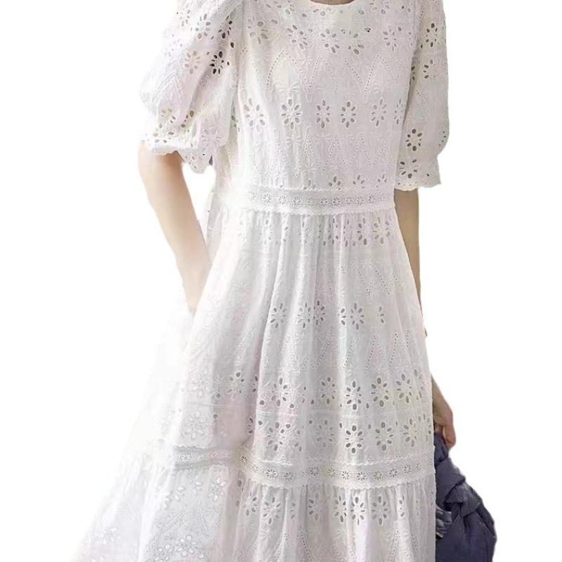 Hollow Embroidered White Skirt Summer New First Love French Sweet Bubble Sleeve Short Sleeve White Cotton Dress