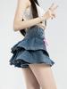 Women's Ruffled Denim Mini Skirt Summer Bandage Bow Blue Shorts Skirt Y2k Clothes Spicy Girl Streetwear