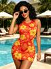 Retro Hibiscus Floral Print On Red Sleeveless Bodycon Mini Dress, Round Neck Vacation Dress