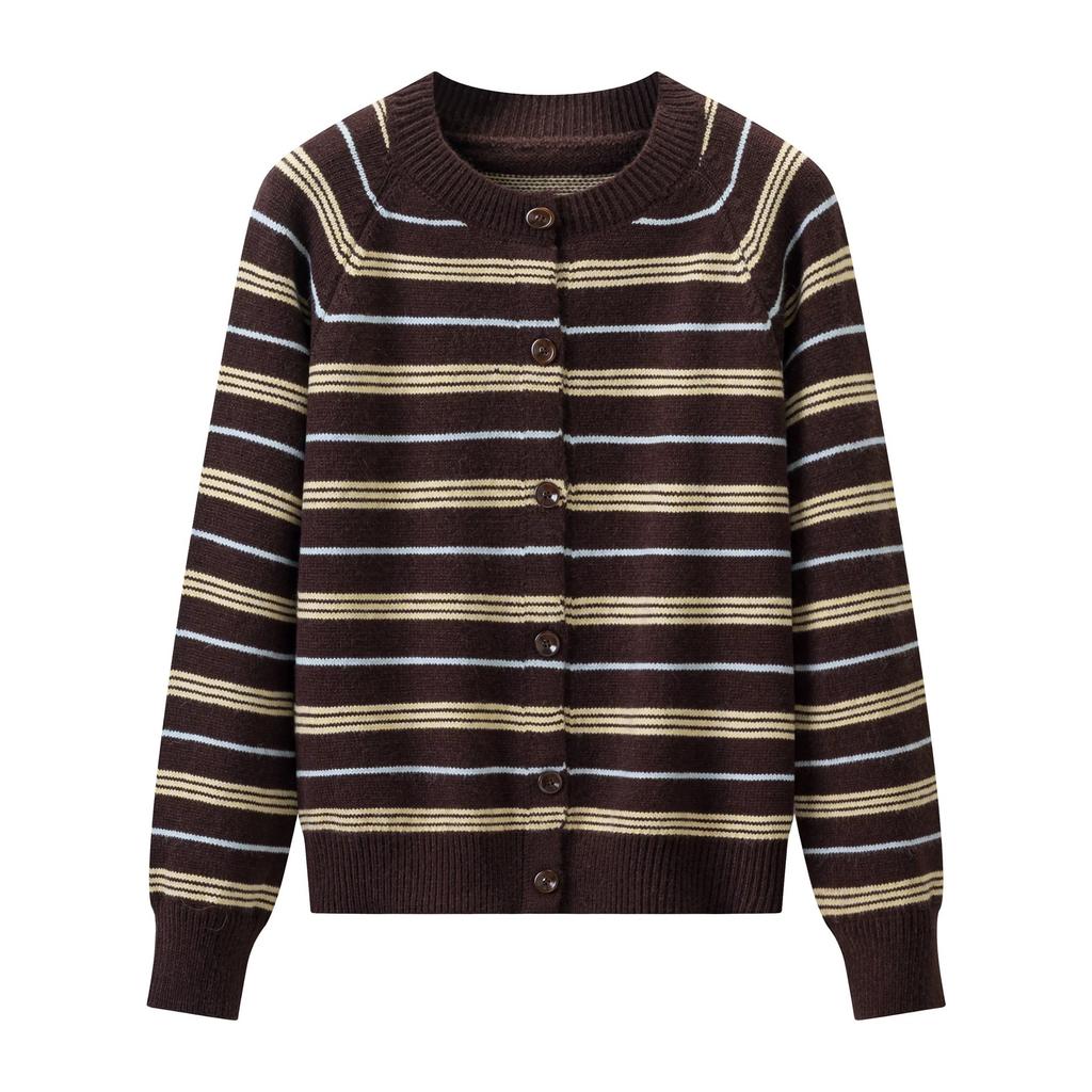 Retro contrasting striped knitted cardigan women's Korean version autumn and winter new lazy casual and thin design versatile sweater