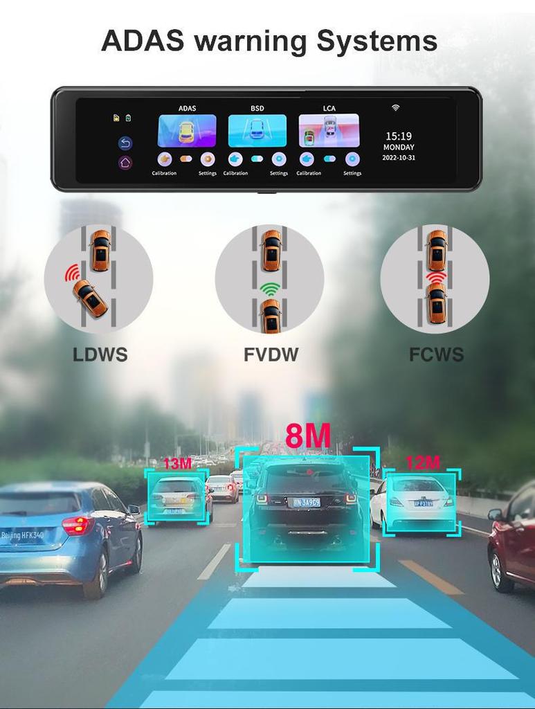 4K 12" Full-Screen Rearview Mirror with Dual-Recording Dashcam, Front ADAS, Rear BSD