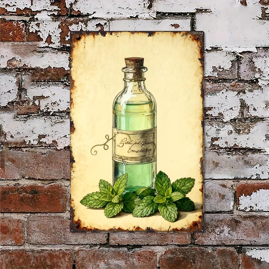 [2D Flat] 1pc Vintage Peppermint Essential Oil Tin Painting - Rust-Proof & Weatherproof Metal Wall Art, 20.32x30.48 cm, Antique