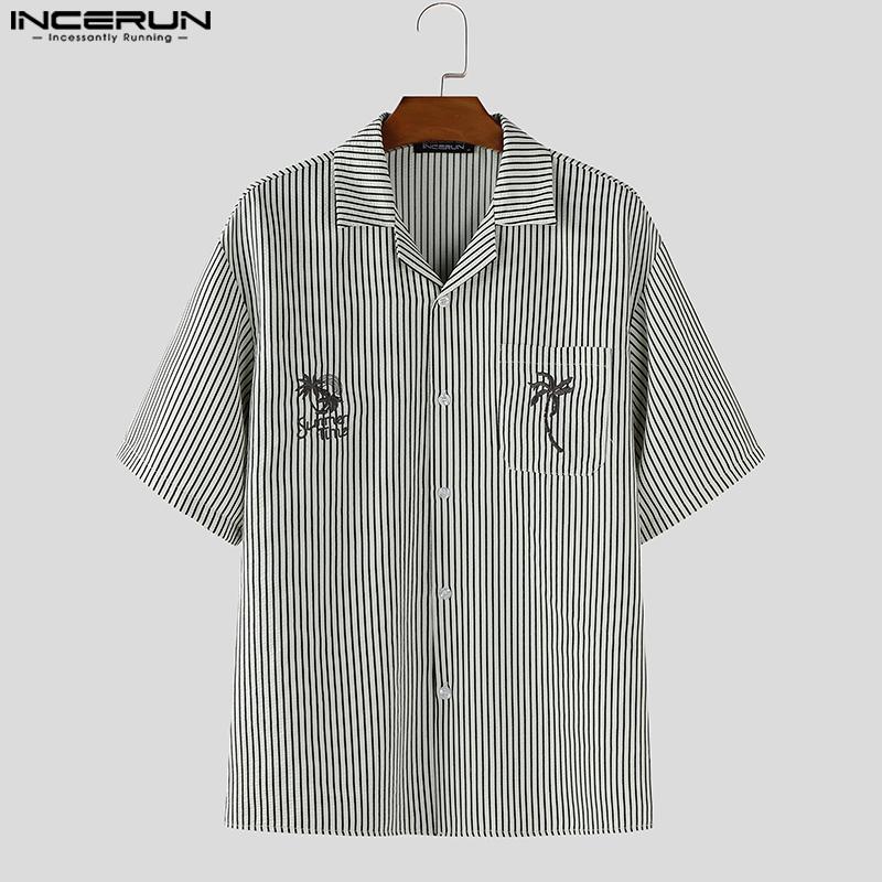 INCERUN Herren Reverskragen Kurzarm Gestreifter Druck Lässige Übergroße Hemden