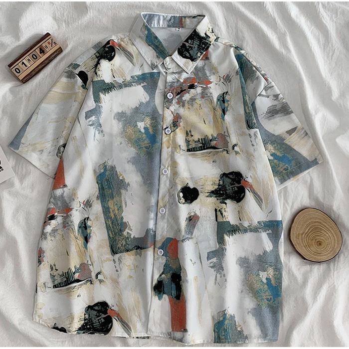 Ladies Summer Bohe Shirt - Oversized Short Sleeve Button Down Colored Drawing Printed Top for Casual Layering