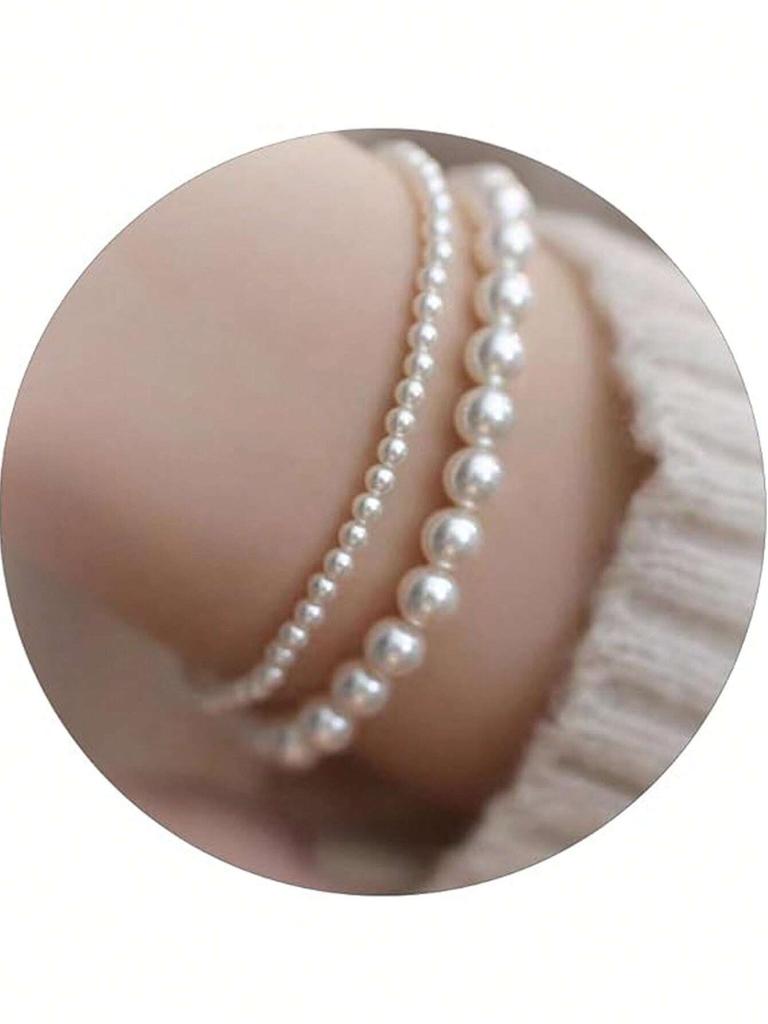 Set de 2 pulseras de perlas artificiales, Delicados brazaletes elásticos de cuentas, Brazaletes de perlas boho apilables para mujeres, Regalos de joyería para damas de honor