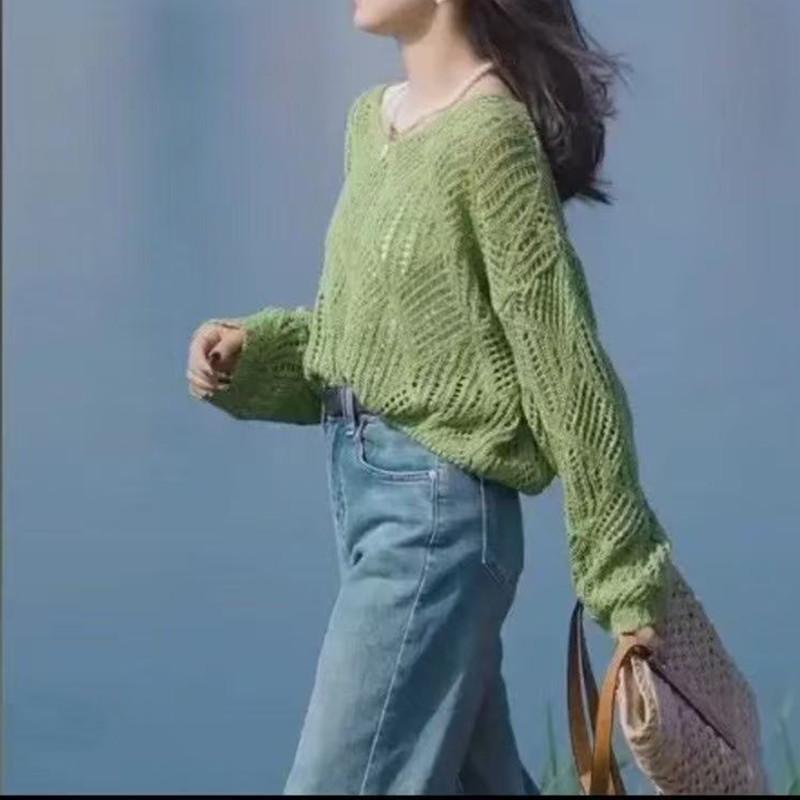 Korean Style V-Neck Knit Sweater - Loose, Long Sleeve, Hollow Design for Spring & Autumn 2025