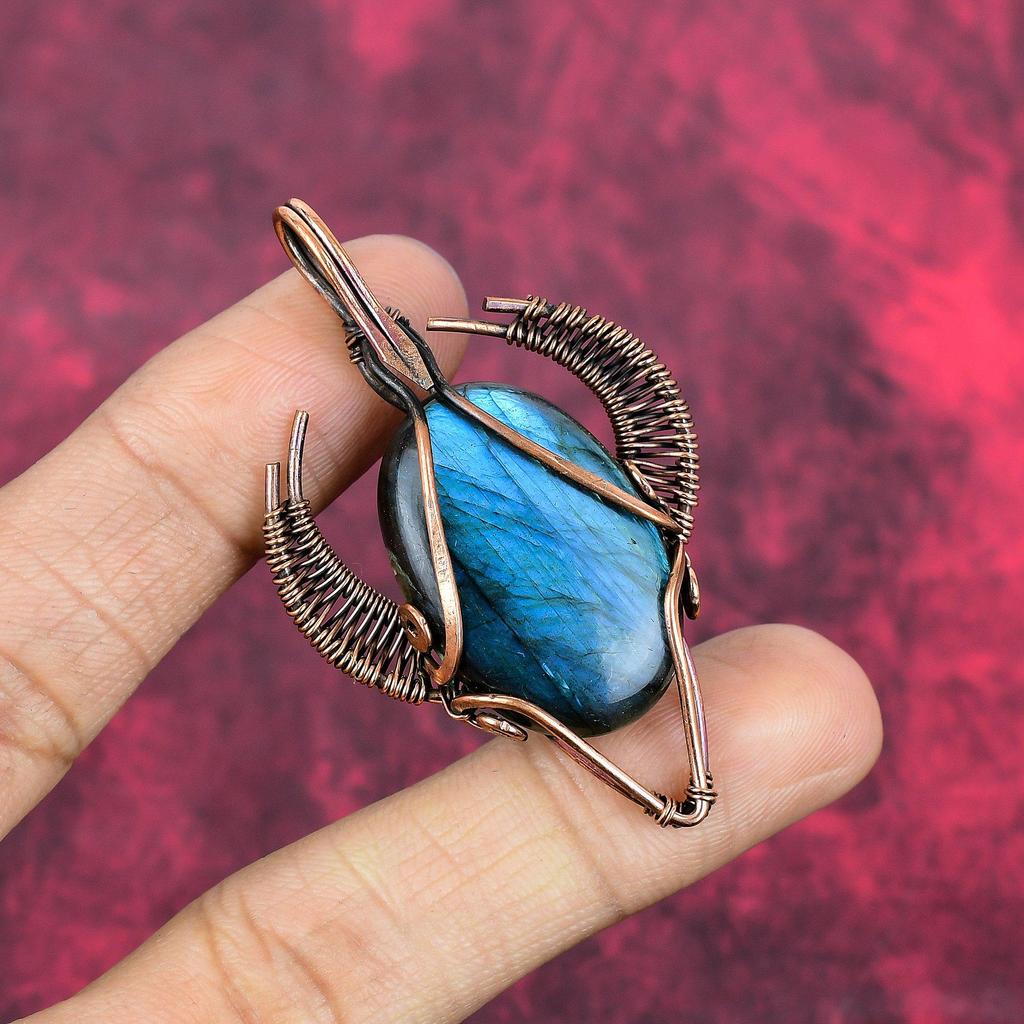 Labradorite Pendant Copper Wire Wrapped Gemstone Pendant Copper Jewelry Handmade Pendant Bull Face Shape Pendant Wire Wrap Jewelry for Gifts