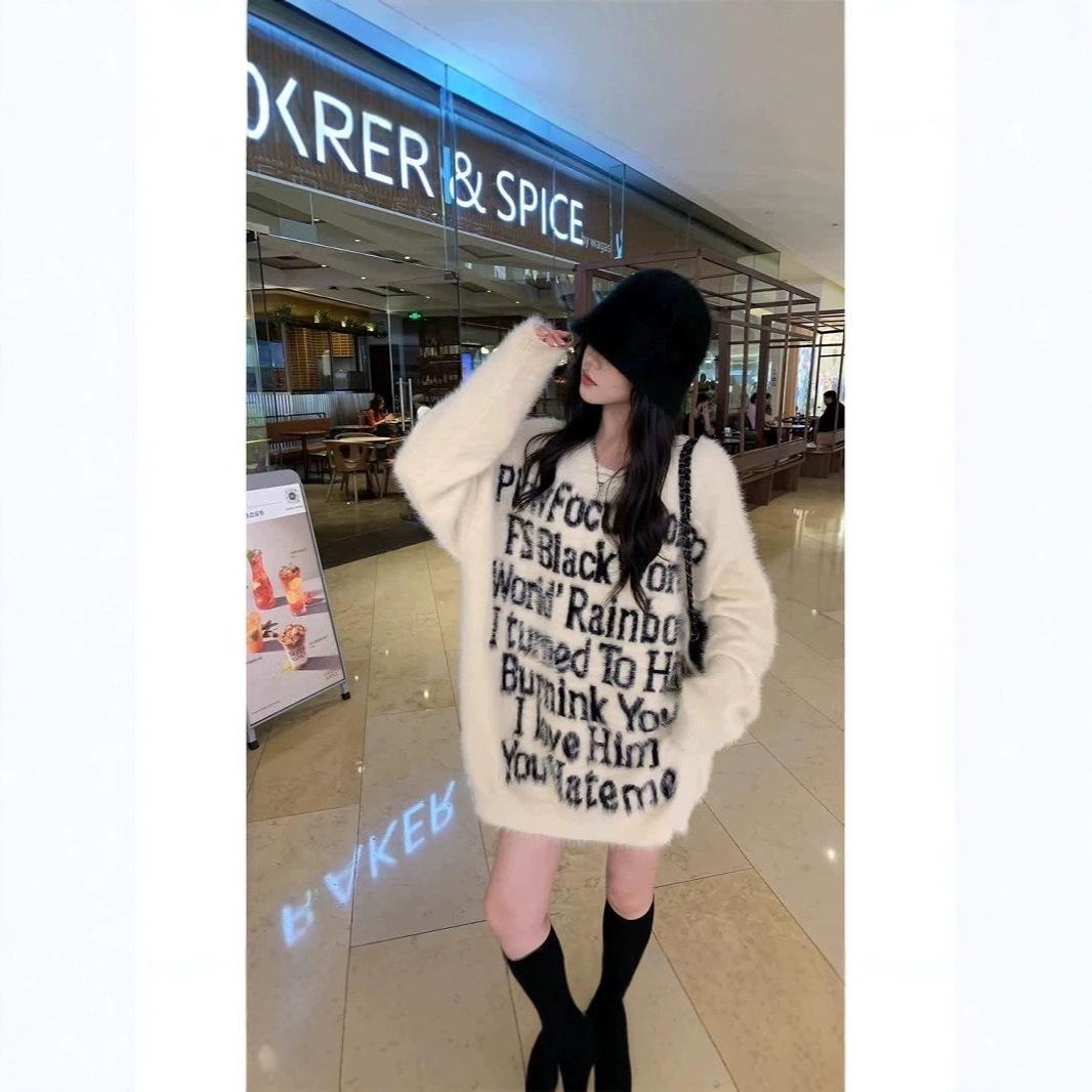 

Tide American Mink Sweater: Women s Loose Autumn/Winter Knitted Pullover XL белый