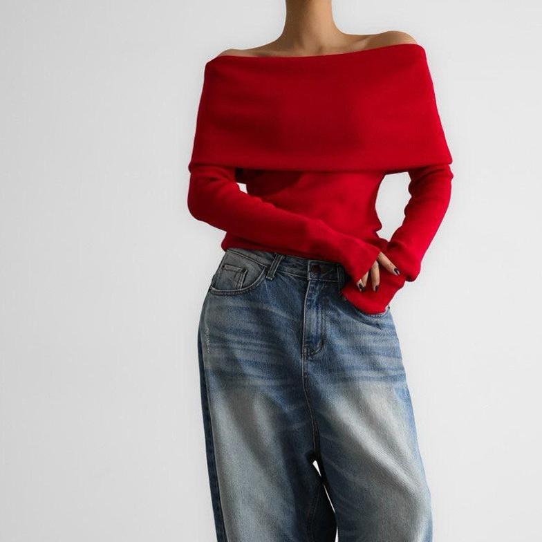 Spring Autumn Women's Sexy Off-shoulder Knitted Sweater Slim Stretch Long-sleeved Pullover Knitted Sweater