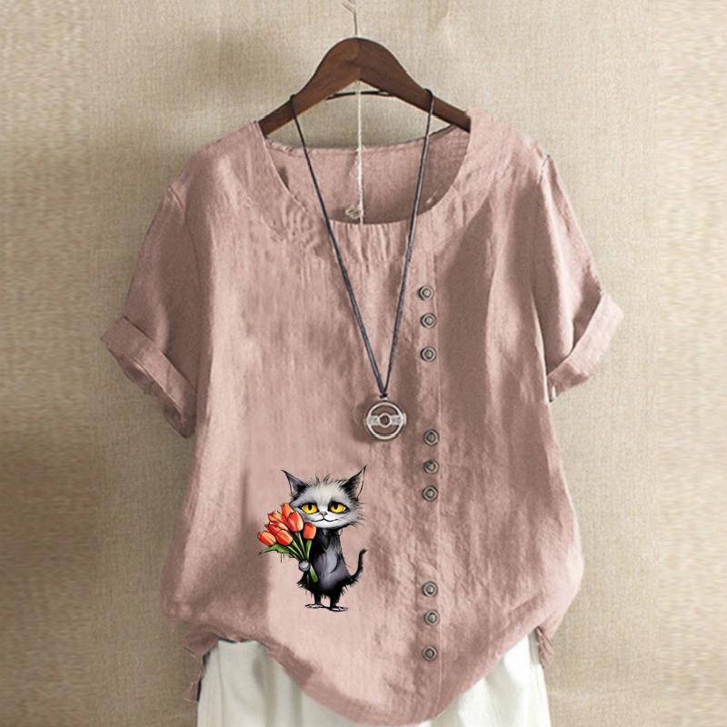 Damenmode Schwarze Katze mit Blumen bedrucktes Kurzarm-T-Shirt Lockeres Baumwollhemd Lässige lockere Sommerbluse Tops Übergröße