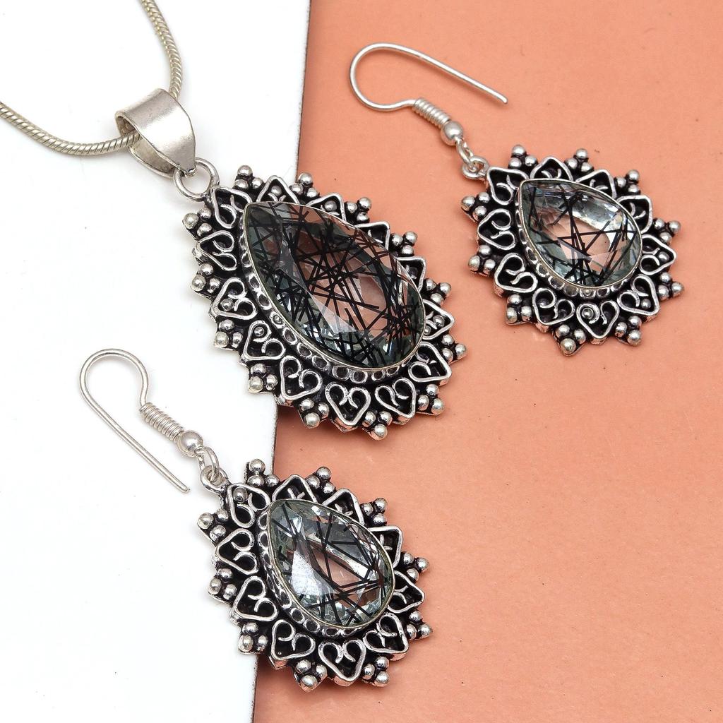 Rutile  Golden Set Earring Jewelry 18-20'' Pendant Quartz Sterling