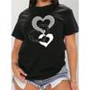 European Size Plus Size Women'S Black Casual T-Shirt | Heart and Shiny Heart Design, Round Neck, Short Sleeve, Suitable for Spring/Summer,Daily Style