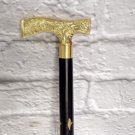 Viktorianischer Griff, schwarzer Spazierstock, klappbarer Spazierstock aus Holz mit Messingintarsien.