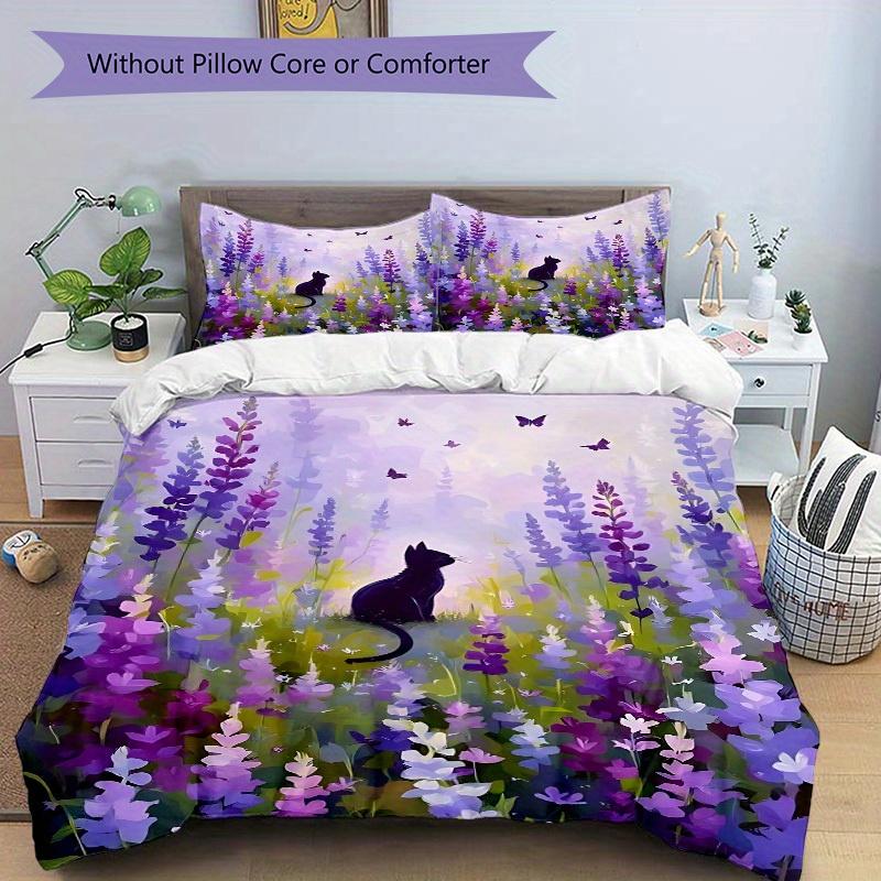 3Pcs Purple Flower Field Printed Bedding Set, Breathable And Soft,(Includes 1 Duvet Cover And 2 Pillowcases, Quilt Not Included) yy250815201