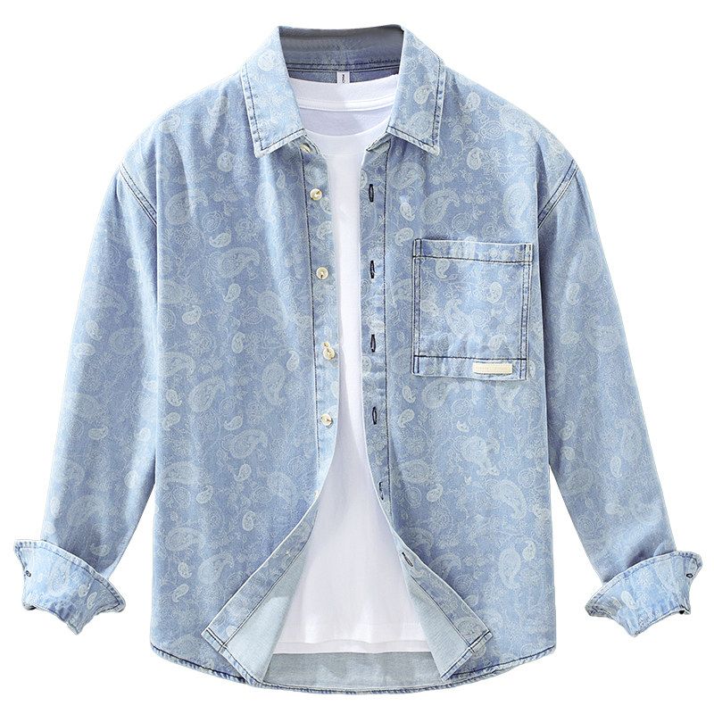 Japanese-Style Denim Print Turn-Down Collar Long-Sleeve Shirt for Men, Loose Casual Stylish Top Jacket for Spring and Autumn