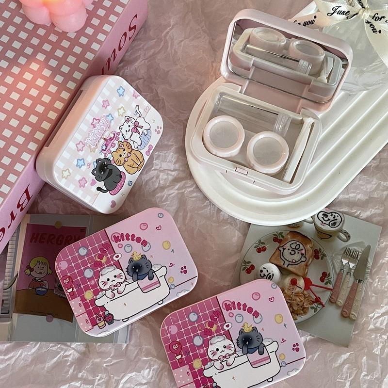 Mini Portable Contact Lens Case with Mirror Tweezer Suction Stick Set Kawaii Kitty Cat Contact Lens Storage Box Eye Care Tool