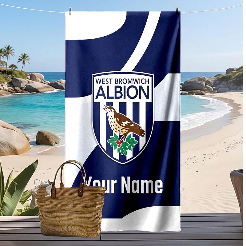 West Bromwich Albion FC Personalized Printed Beach Towel Soccer Logo Support Custom Name Text Absorbent Towel For Sport Travel Special Gift