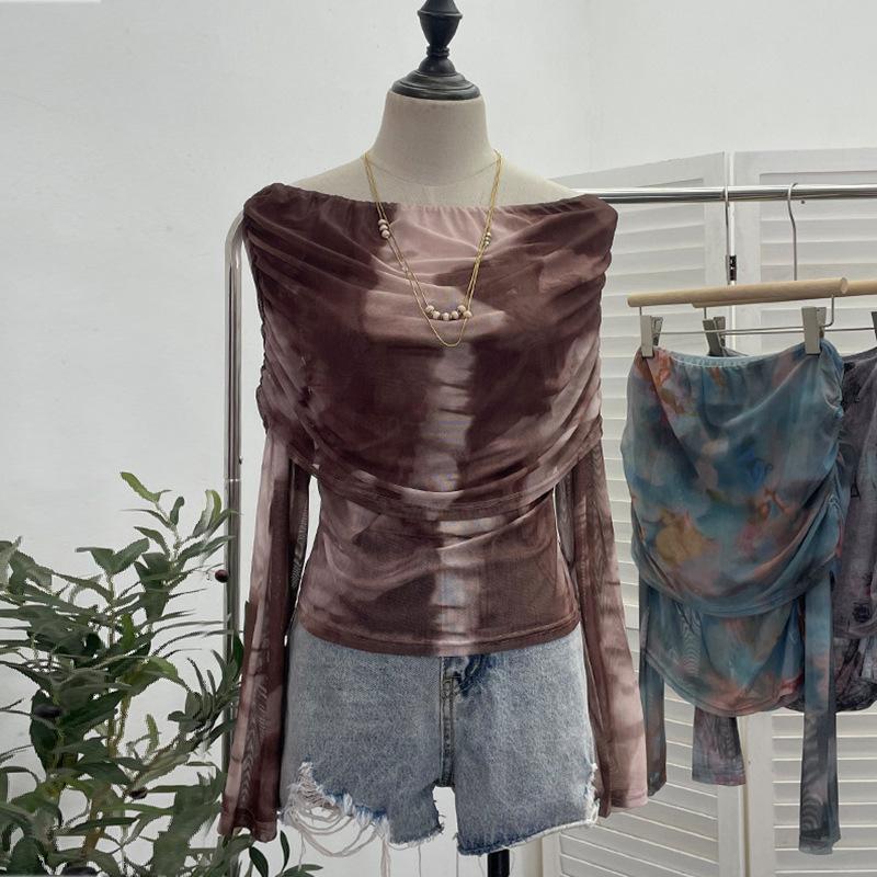 

Женская сексуальная прозрачная рубашка на одно плечо с принтом тай-дай и длинным рукавом One Size хаки