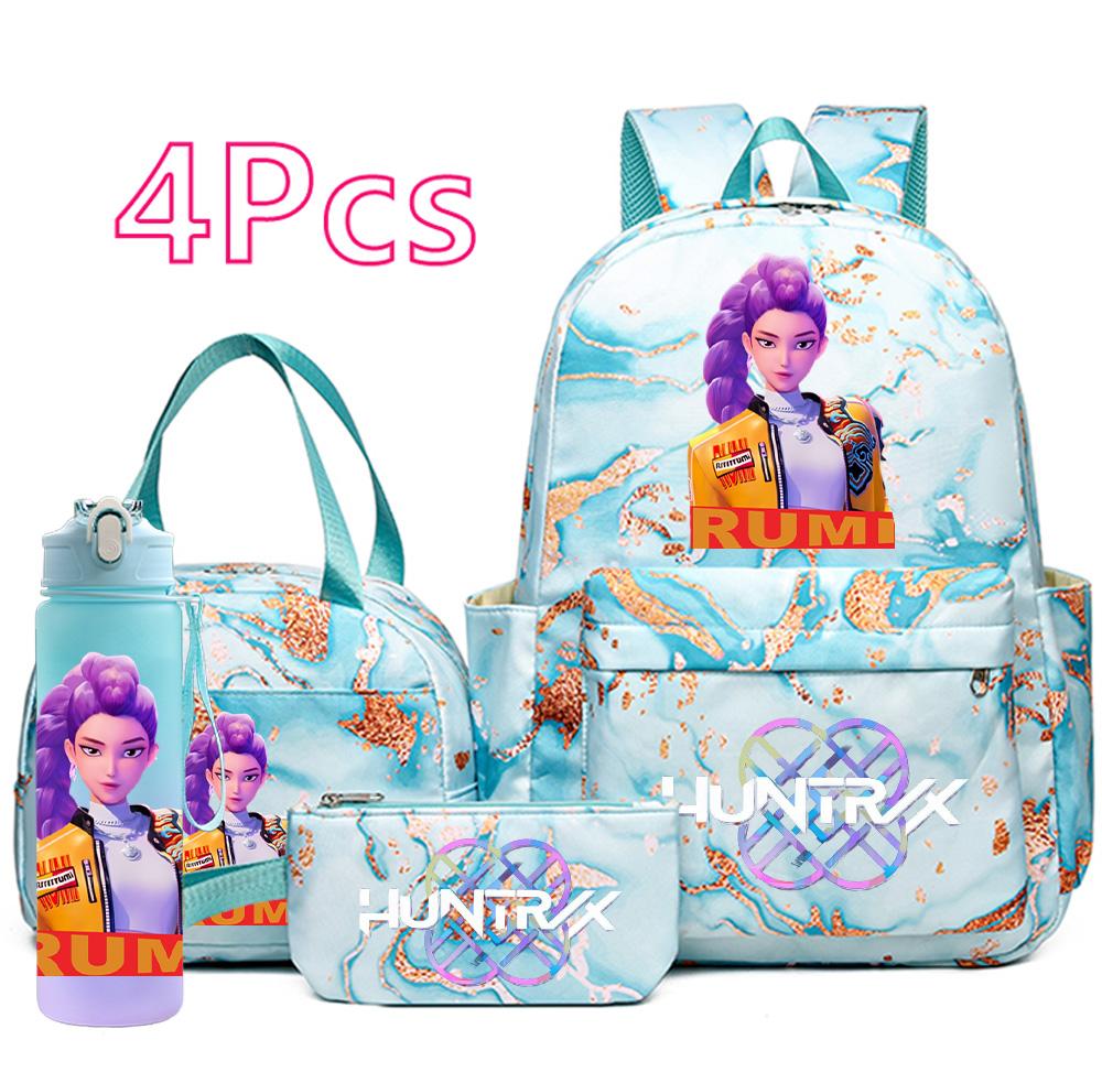 4 Pezzi/set Zaino Stampato Cacciatori di Demoni Cartoni Animati Borsa Astuccio con Borraccia da 750 ml per Ragazzo Ragazza Adolescente Zaini Scolastici di Grande Capacità