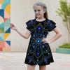 Girls Round Neck Short Flutter Sleeve Mandala Printed A Line Black Dress