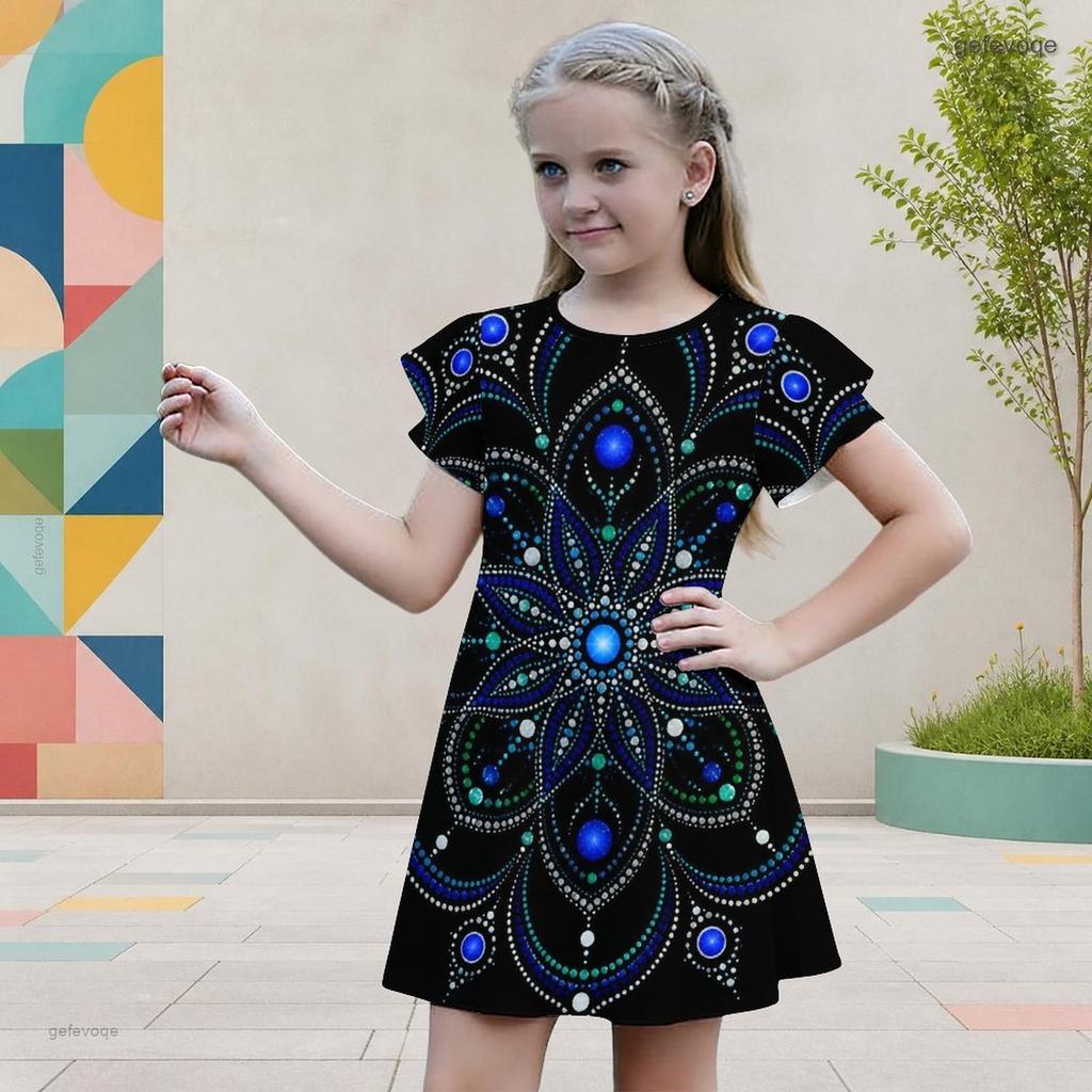 Girls Round Neck Short Flutter Sleeve Mandala Printed A Line Black Dress