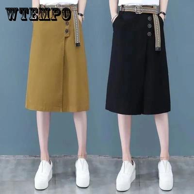Women Summer Shorts Female Vintage High Waist Solid Color Culotte Large Size Loose Elastic Waist Wide Leg Shorts with Belt