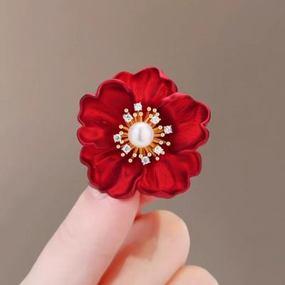 Yousheng Mother Day Brooch Red Flower Design Brooch with Imitation Pearl Rhinestones Inlaid Weddings Parties Daily