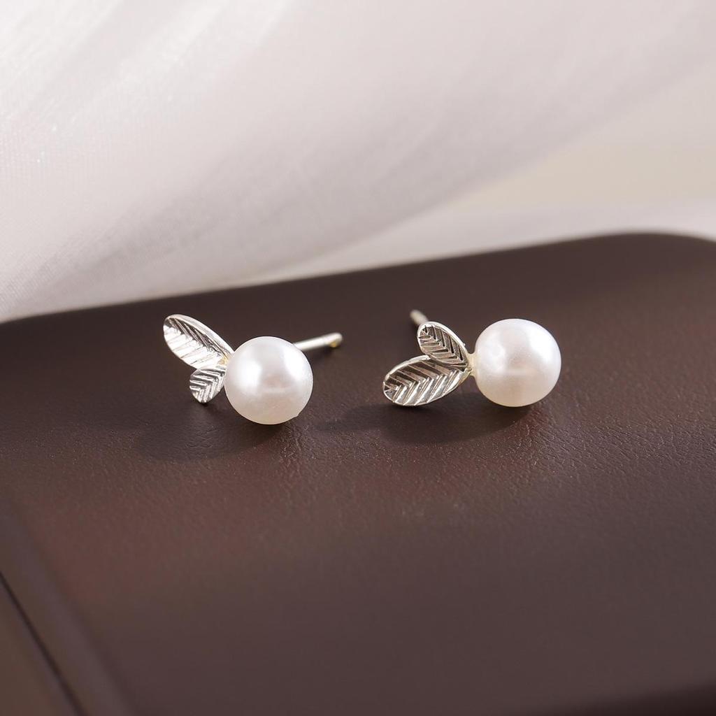 Sterling Silver Pearl Leaf Stud Earrings for Women