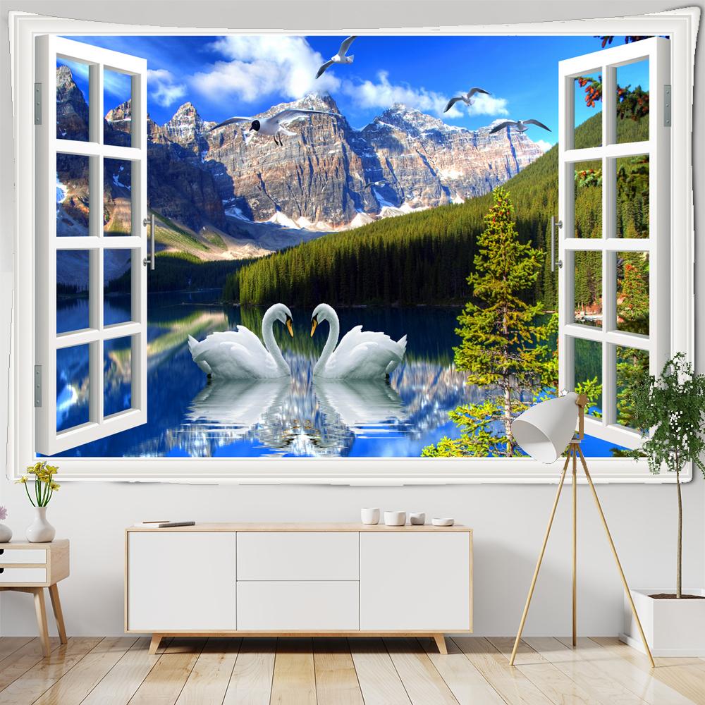 

Гобелен с пейзажем на окне для украшения, 3D-гобелен с романтическими цветами, домашняя живопись, психоделические лесные гобелены, настенные гобелены W150xH100cm
