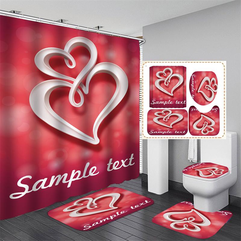 Valentine's Day Bathroom Bathing Waterproof Shower Curtain Home Entrance Doormat Bathtub 4Pcs Set Toilet Seat Cover Rugs Bath Non-Slip Floor Mat Love