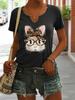 Women's Summer V-Neck Short Sleeve T-Shirt, Cute Bunny with Leopard Print Bow & Glasses Print, Trendy Casual Fashion Top