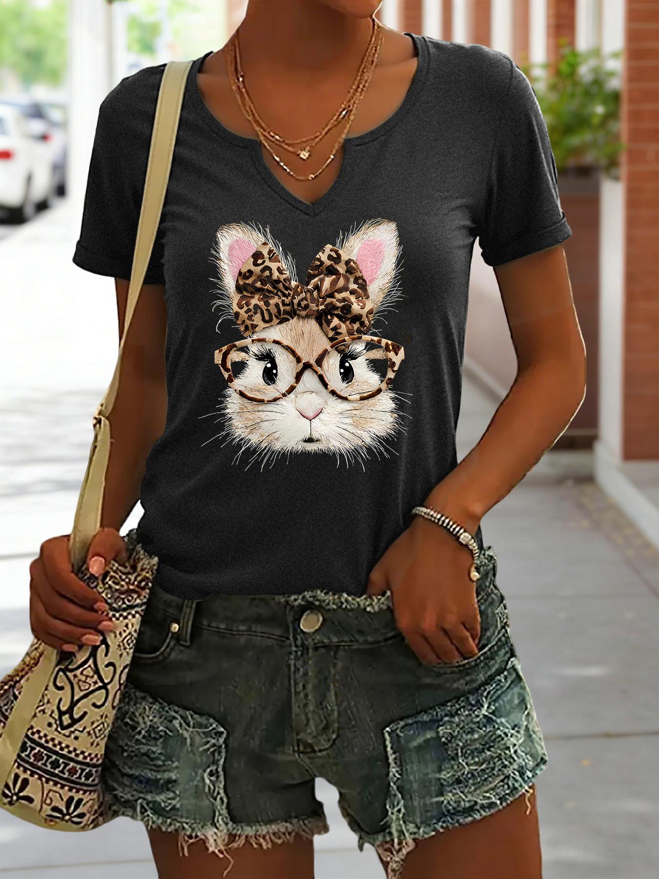 Women s Summer V-Neck Short Sleeve T-Shirt, Cute Bunny with Leopard Print Bow & Glasses Print, Trendy Casual Fashion Top S