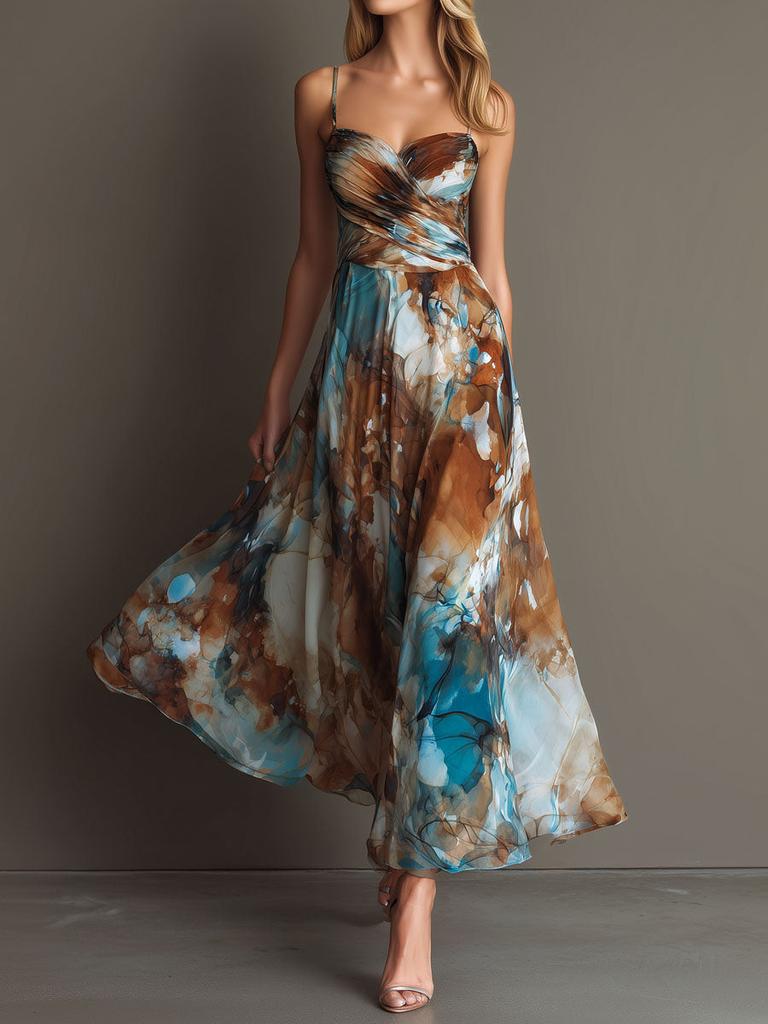European and American new fashionable and elegant printed dress, sexy suspender waist elegant beach dress