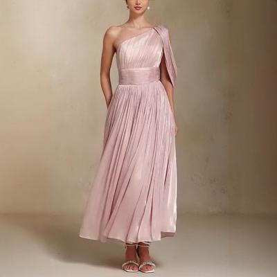 American Women's Clothing 2025 American Style Summer New Slanted Shoulder Waist Pleated Evening Dress Pleated Dress