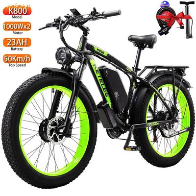 Electric Bike All Terrain Keteles 26" 1000Wx2 Motor Adult Fat Tire Electric Bicycle 21 Speed Top Speed 50Km/h Load 150Kg Green K800